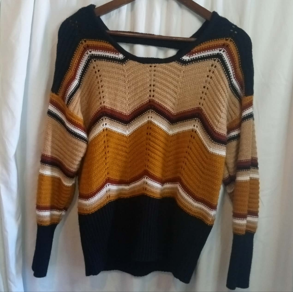 Inner Circle Large Chevron Stripe Scoop-Neck Sweater Black Rust Cream Mustard